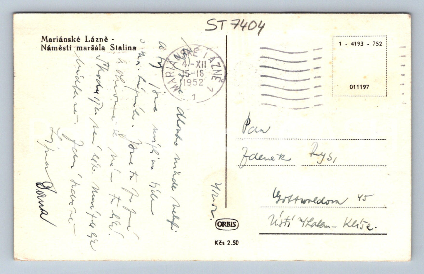 Postcard MARIANSKÉ LÁZNĚ - MARSHAL STALIN SQUARE (ST7404)