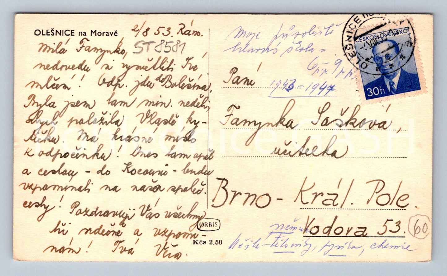 Pohlednice OLEŠNICE NA MORAVĚ (ST8581)