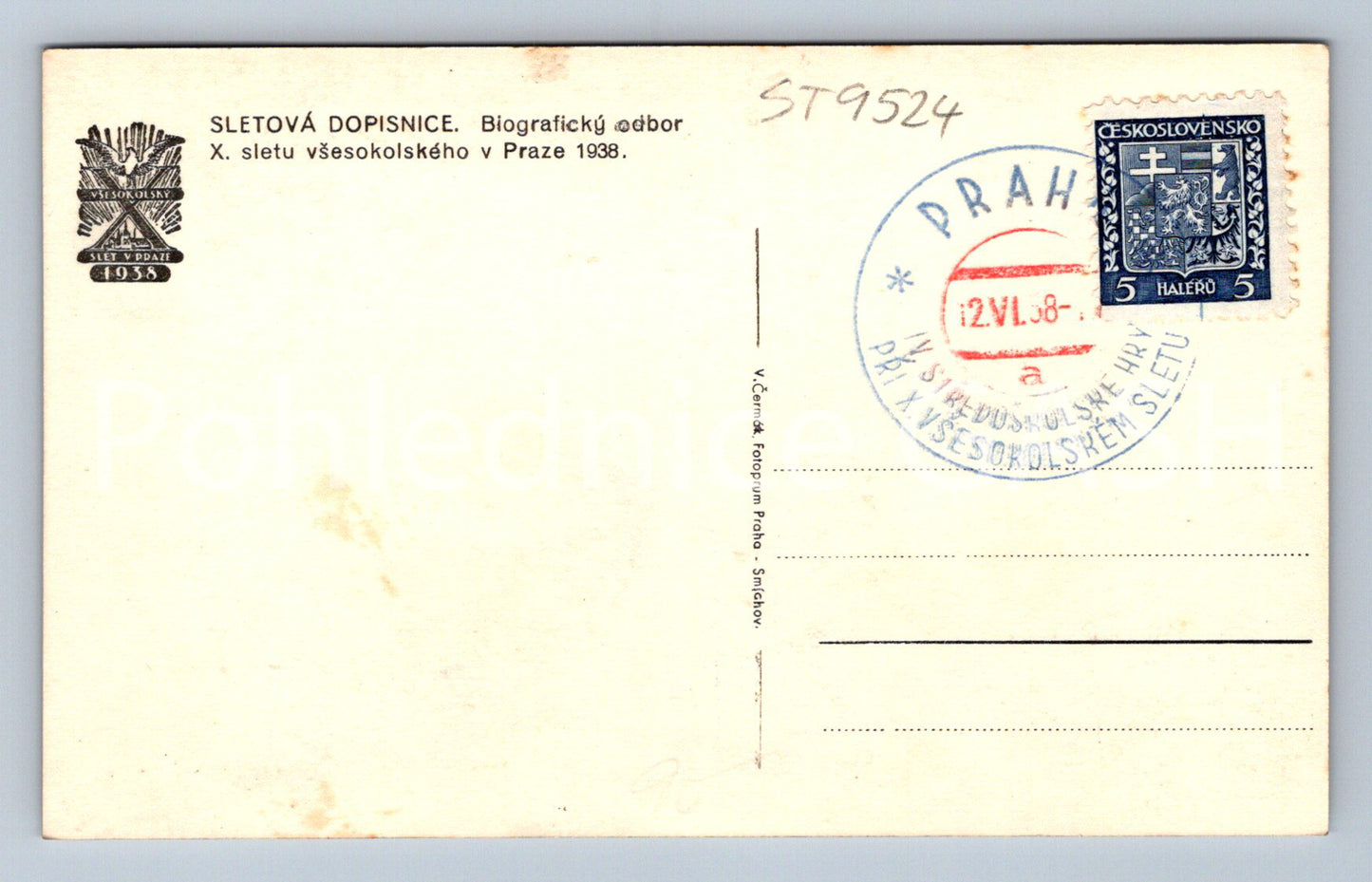 Pohlednice X. SLETU VŠESOKOLSKÉHO V PRAZE 1938 (ST9524)