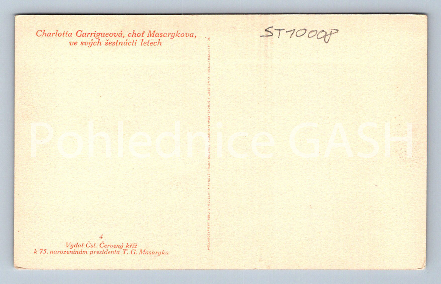 Postcard CHARLOTTE GARRIGUE, WIFE OF MASARYK (ST10008)