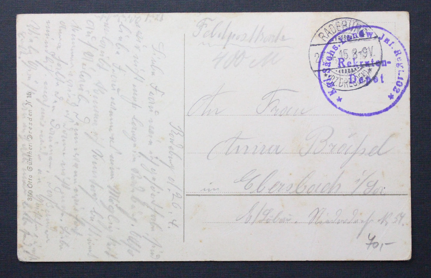 Vojenská pohlednice polní pošta Königsbrück Německo 1915