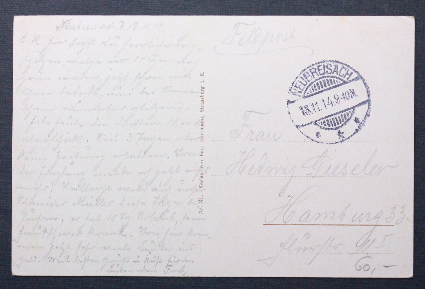 Vojenská pohlednice polní pošta feldpost Spitzköpfe und Hohneck 1914