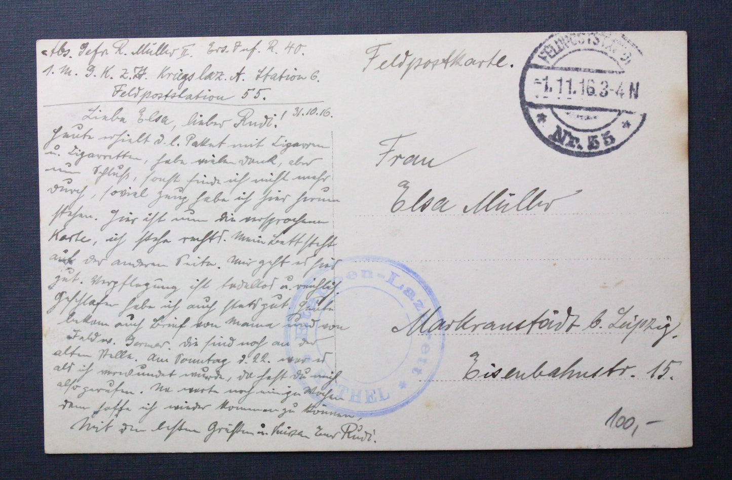 Pohlednice vojenská nemocnice Feldpostkarte polní pošta 1916