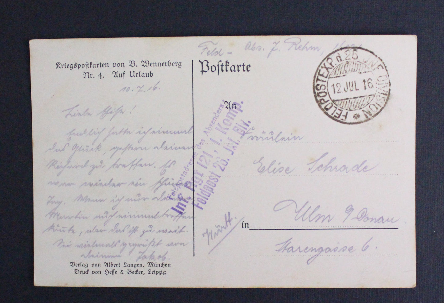Vojenská pohlednice Feldpost 1916