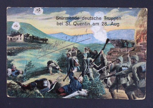 Pohlednice Feldpost Strümende deutsche Truppen bei St. Quentin