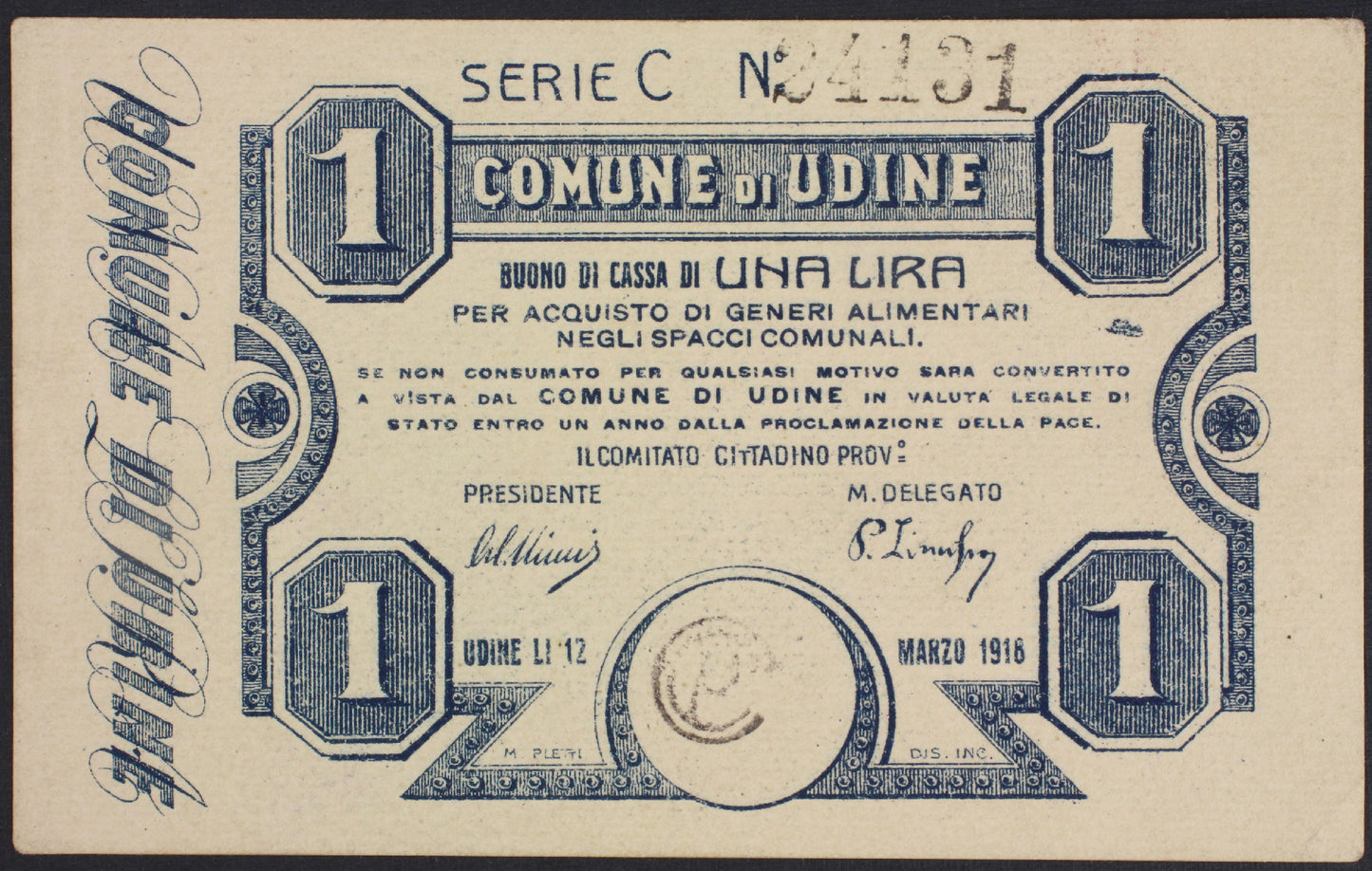 itále - 1 lira 1916 - město UDINE - I. světová válka