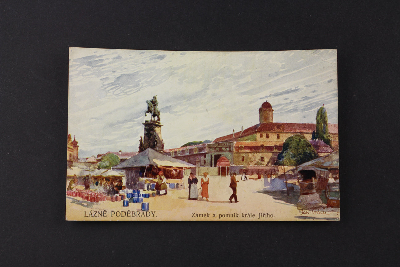 Pohlednice Lázně Poděbrady zámek a pomník krále Jiřího (x6848)