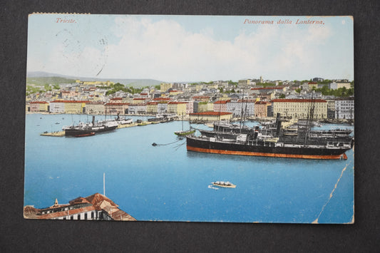 Pohlednice PŘÍSTAV PARNÍK PANORAMA DALLA LANTERNA TRIESTE x9102