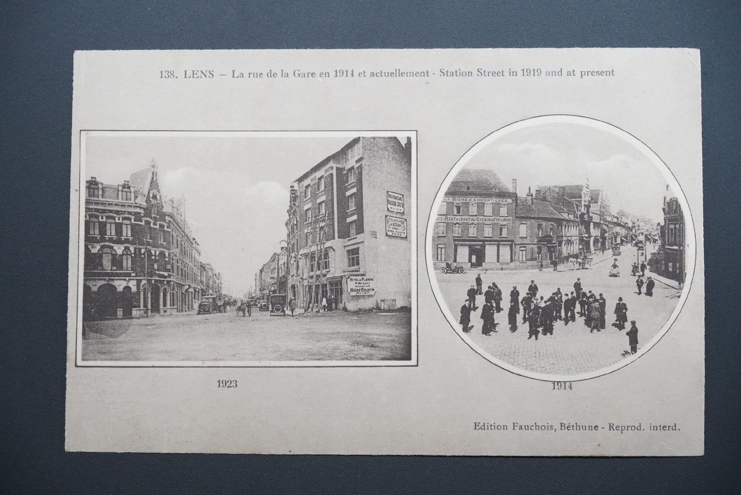 Pohlednice Lens – ulice od nádraží v r. 1914 a nyní (x9645)