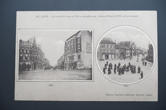 Pohlednice Lens – ulice od nádraží v r. 1914 a nyní (x9645)
