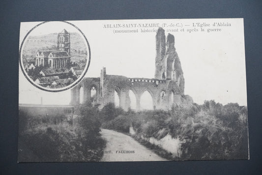 Pohlednice Ablain-St-Nazaire – kostel před/po válce (x9694)