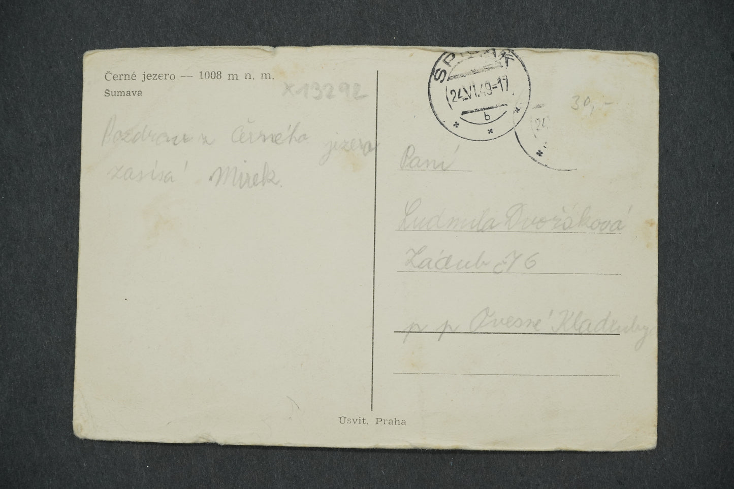 Postcard BLACK LAKE - 1008 M. NM ŠUMAVA (x13292)