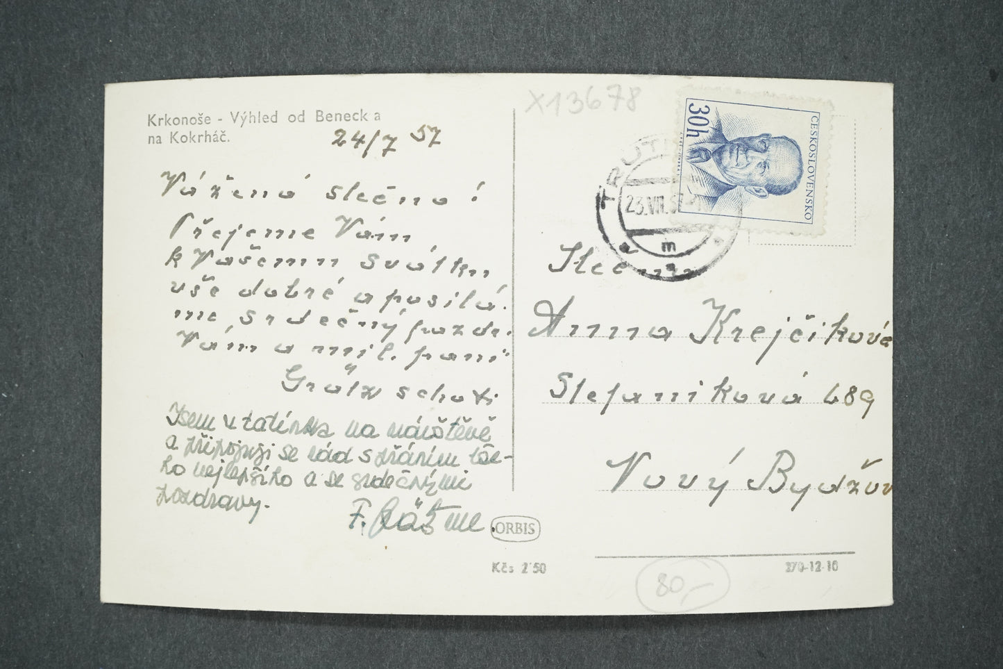 Pohlednice KRKONOŠE - VÝHLED OD BENECKA NA KOKRHÁČ (x13678)