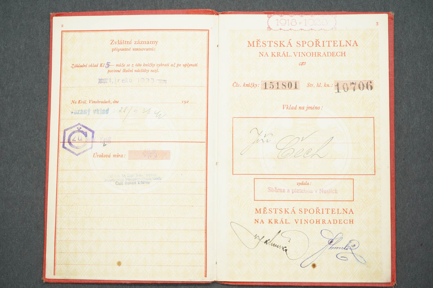 SPOŘITELNÍ KNÍŽKA MĚSTSKÉ SPOŘITELNY NA KRÁL. VYNOHRADECH (x14928)