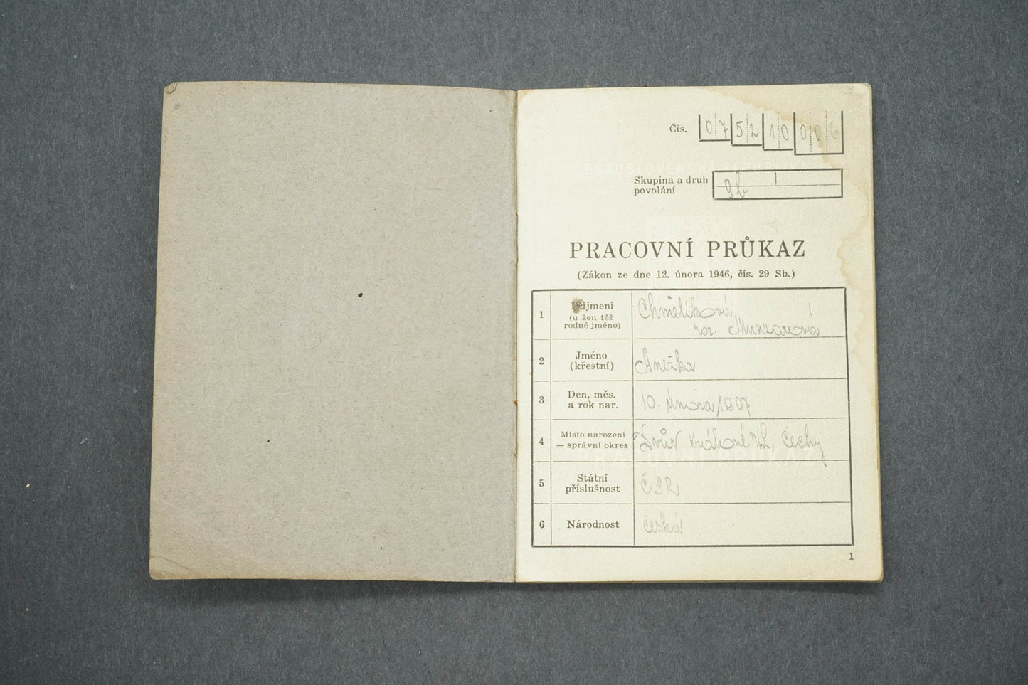 PRACOVNÍ PRŮKAZ ČESKOSLOVENSKÁ REPUBLIKA (x14942)