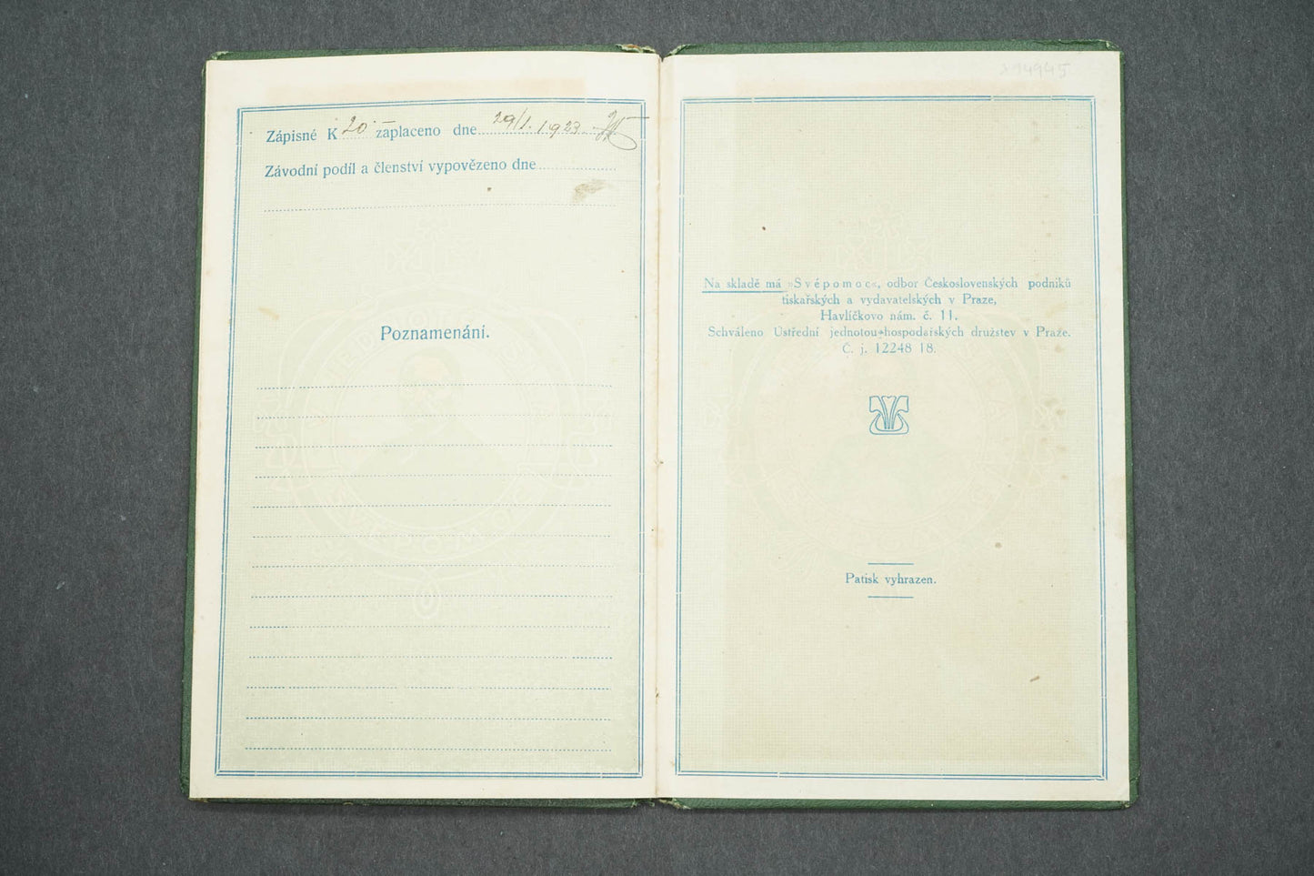 ČLENSKÁ KNÍŽKA HOSPODÁŘSKÉHO DRUŽSTVA SKLADIŠTNÍHO V JAROMĚŘI (x14945)