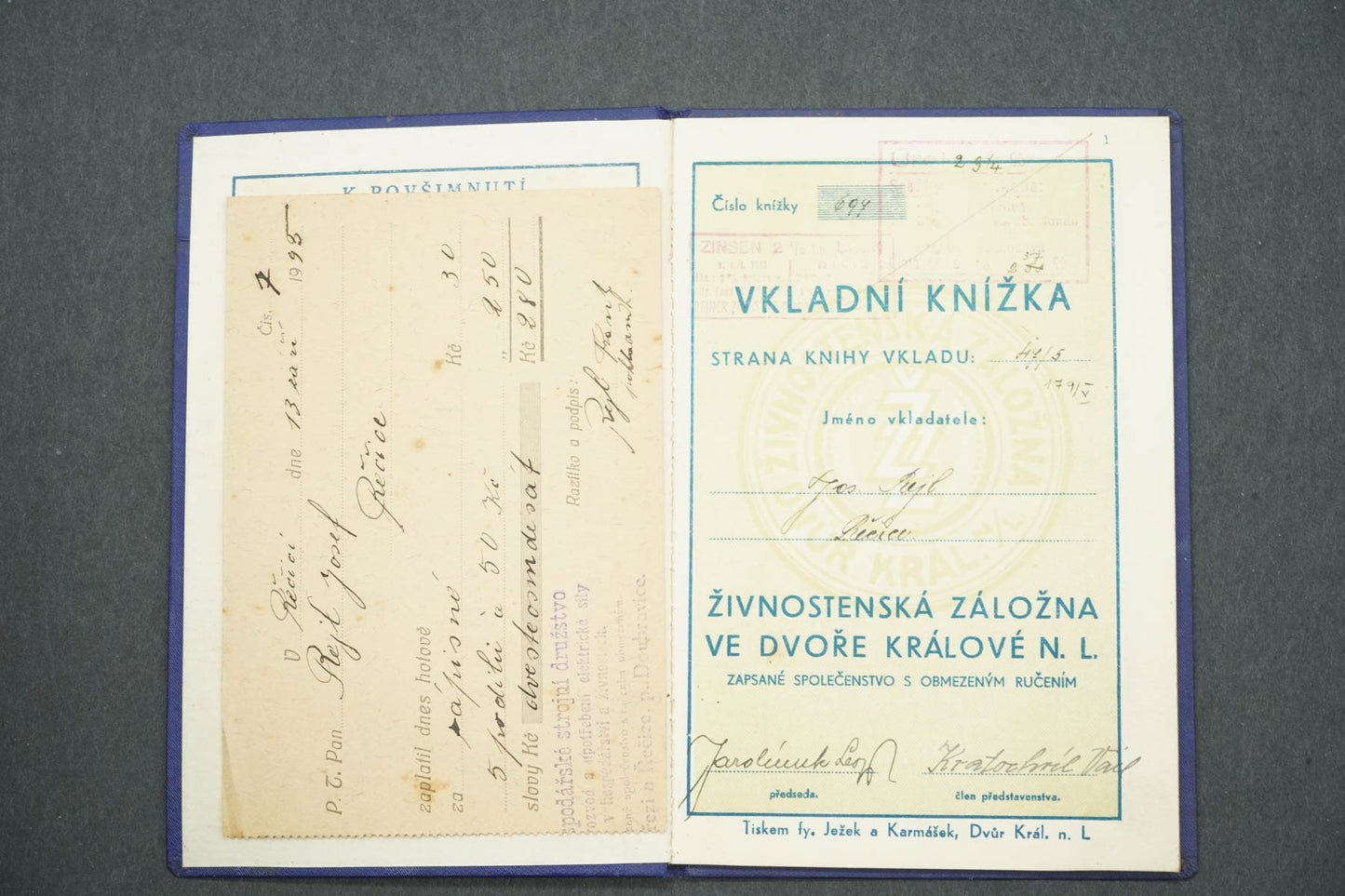 VKLADNÍ KNÍŽKA VŠEOBECNÁ ZÁLOŽNA VE DVOŘE KRÁLOVÉ N. L. (x14959)
