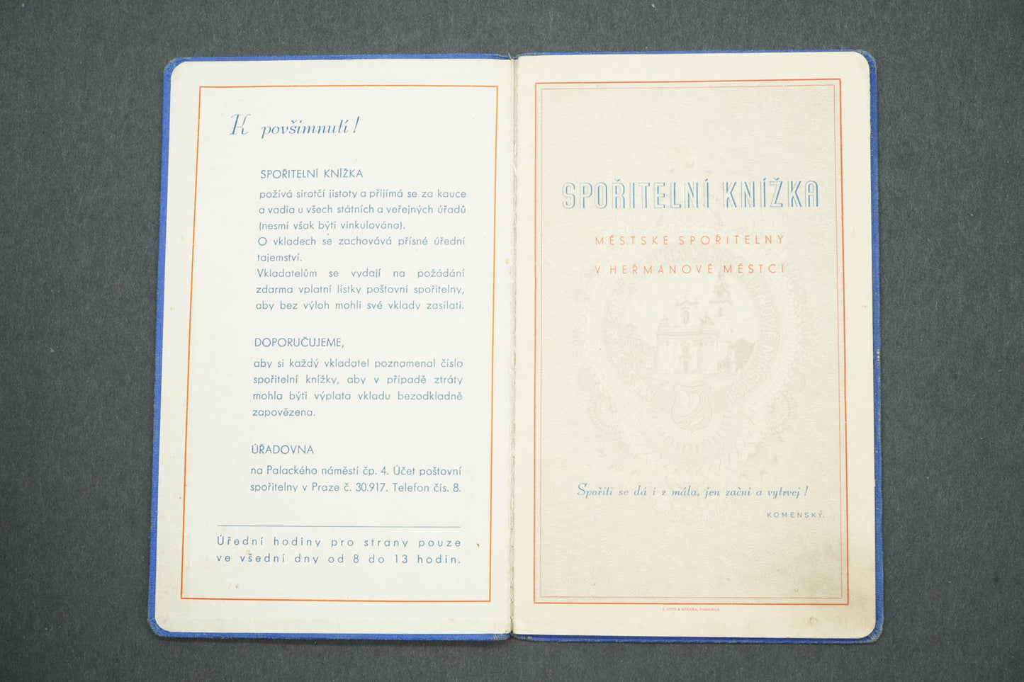 SPOŘITELNÍ KNÍŽKA MĚSTSKÉ SPOŘITELNY V HEŘMANOVĚ MĚSTCI (x14961)