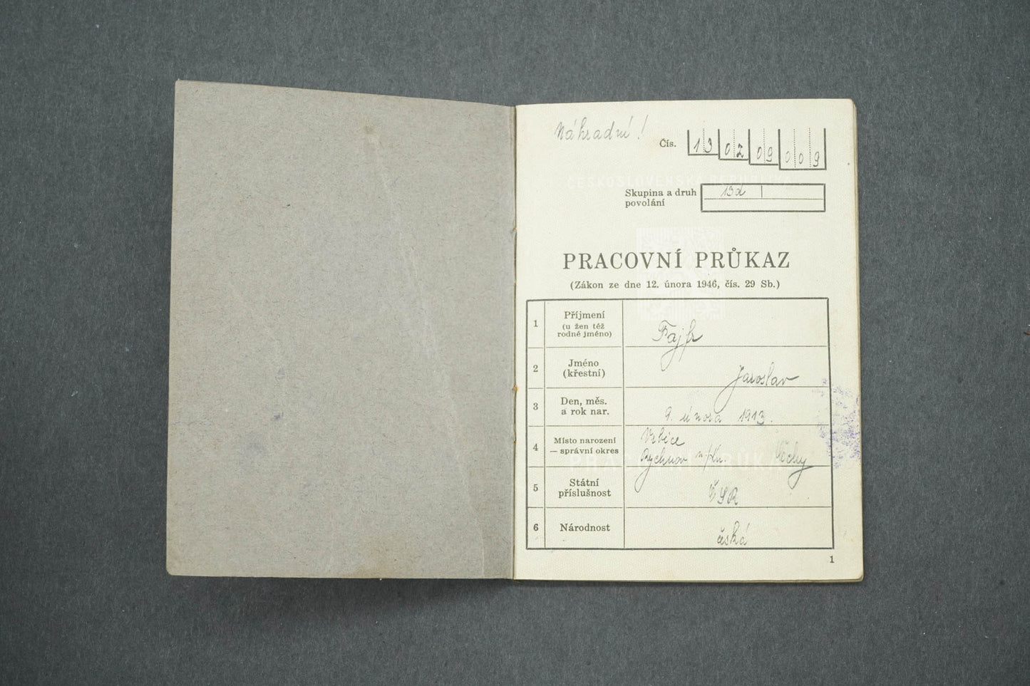 PRACOVNÍ PRŮKAZ ČESKOSLOVENSKÁ REPUBLIKA (x14984)