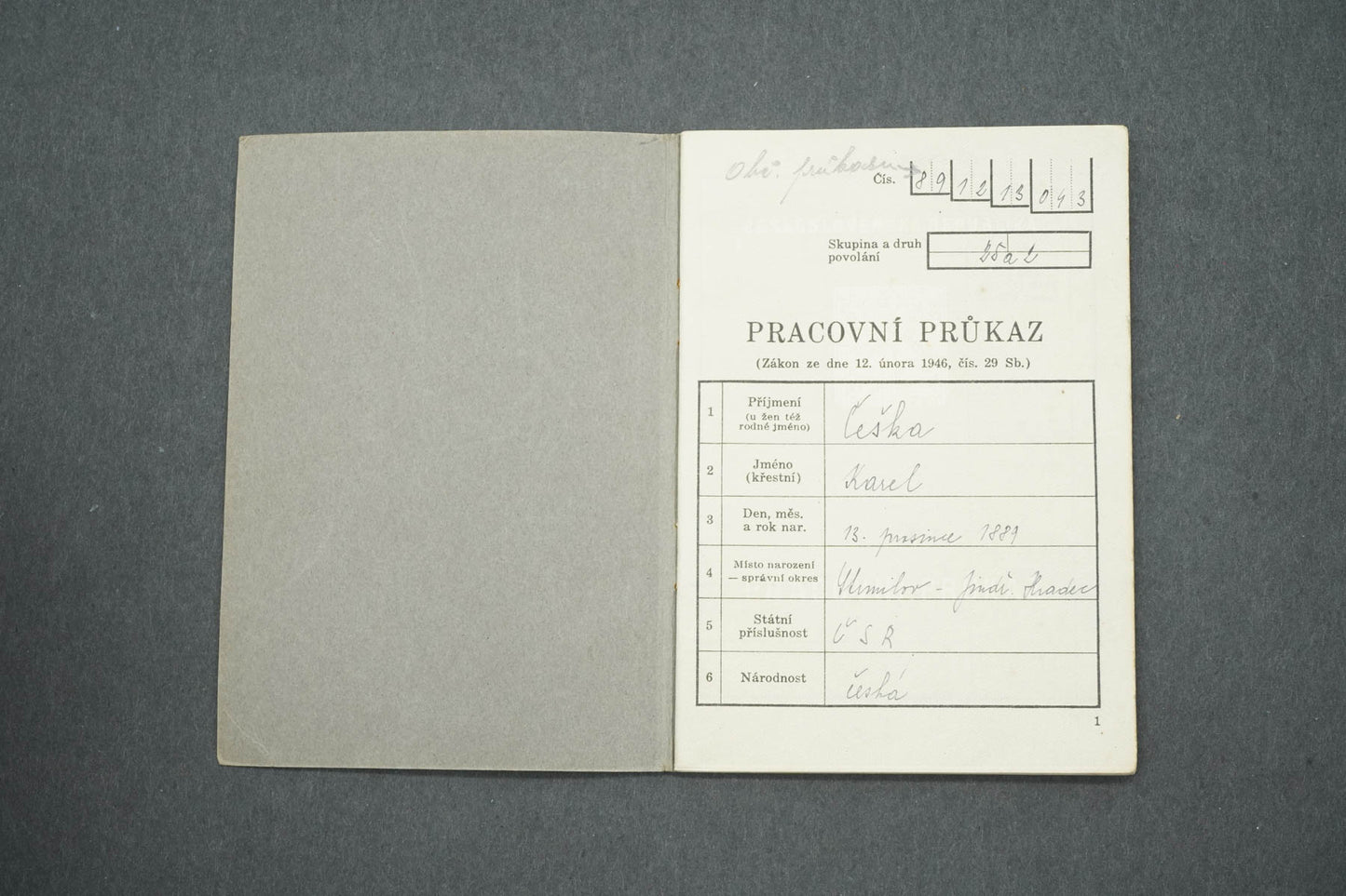 PRACOVNÍ PRŮKAZ ČESKOSLOVENSKÁ REPUBLIKA (x15003)