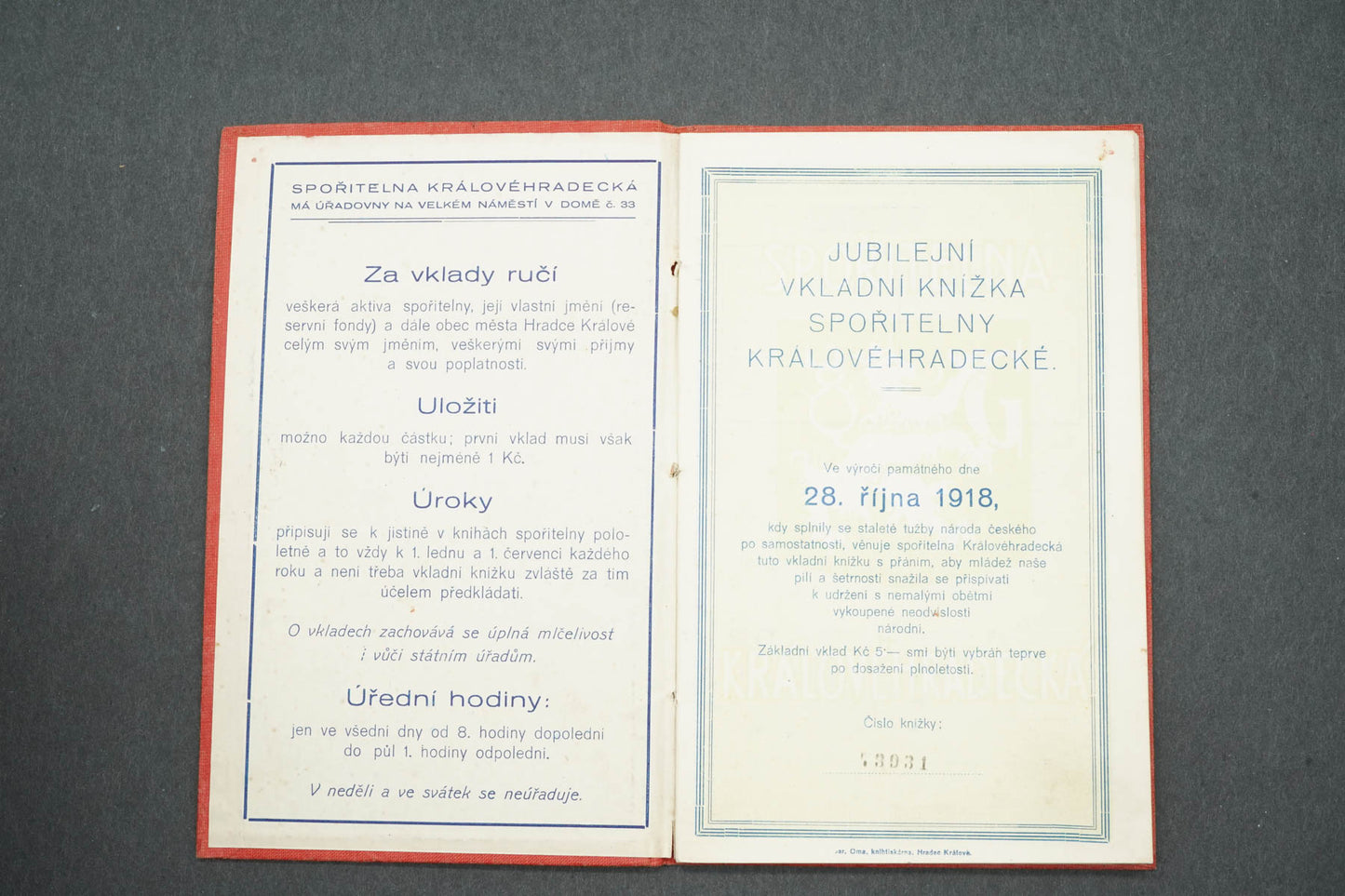 VKLADNÍ KNÍŽKA SPOŘITELNY KRÁLOVEHRADECKÉ (x15011)