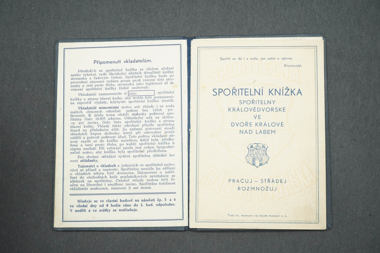 SPOŘITELNÍ KNÍŽKA SPOŘITELNA KRÁLOVÉDVORESKÁ (x15012)
