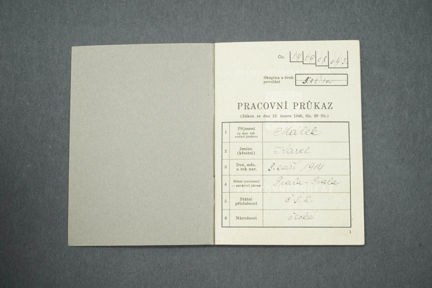 PRACOVNÍ PRŮKAZ ČESKOSLOVENSKÁ REPUBLIKA (x15031)