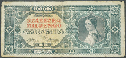 Maďarsko . 100 000 SZÁAZER MILPENGO. 1946 SER B