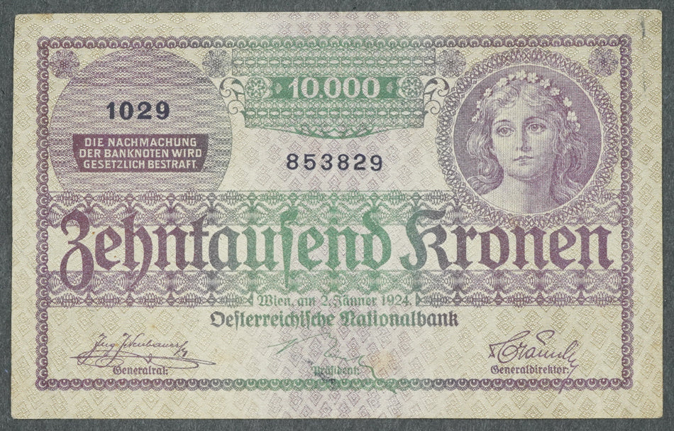 10 000 KRONEN 1924, série 1029, RAKOUSKO, KRÁSNÝ STAV