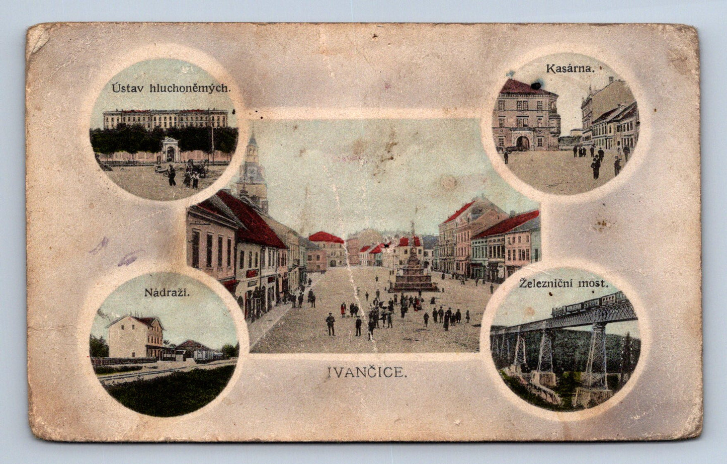 Pohlednice Ivančice - kasárna - nádraží-žel.most-ústav hluchoněmých (J