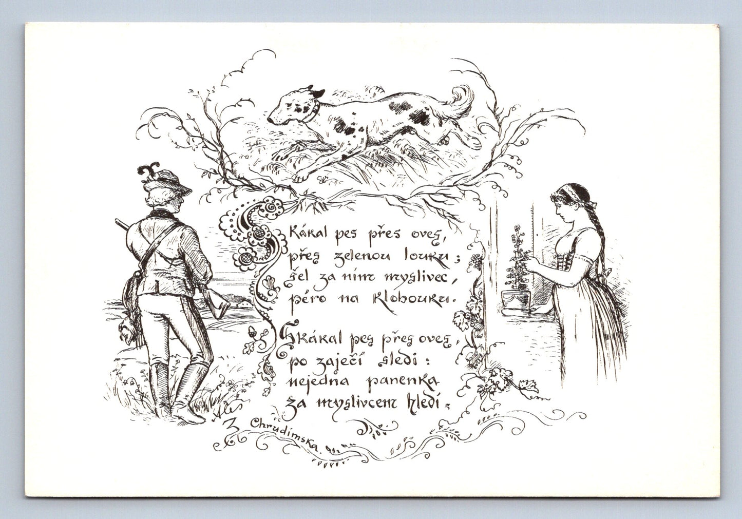 Pohlednice Skákal pes přes oves - Kreslil M. Aleš (JN1009)