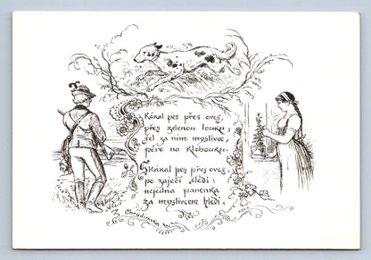 Pohlednice Skákal pes přes oves - Kreslil M. Aleš (JN1009)