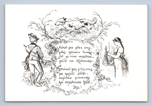 Pohlednice Skákal pes přes oves - Kreslil M. Aleš (JN1009)