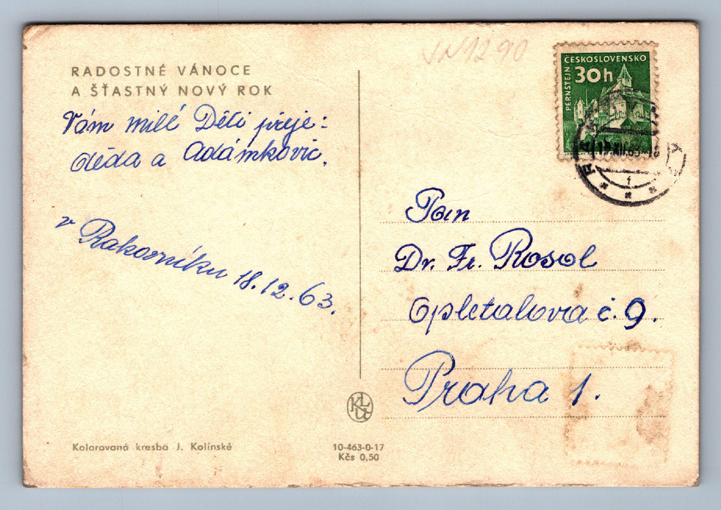 Pohlednice Radostné Vánoce a Šťastný nový rok kresba Kolínská (JN1290)