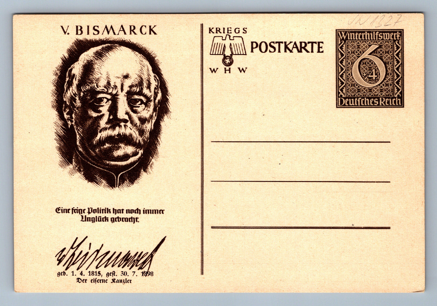 Pohlednice V. Bismarck TŘETÍ ŘÍŠE WINTER HILFE WHW (JN1327)
