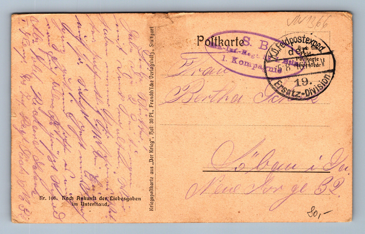 Pohlednice Vojáci fialové razítko S.B. (JN1366)
