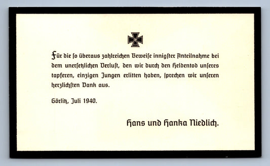 Pohlednice ÚMRTRNÍ OZNÁMENÍ - SOUSTRAST Hans und Hanka Niedlich 3 ŘÍŠE