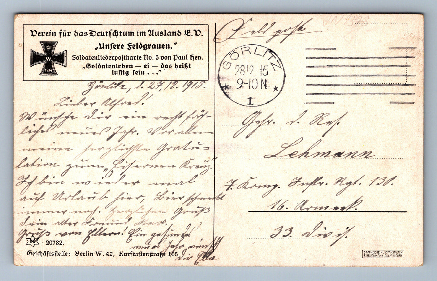 Pohlednice Kreslený vojak ve tmě razítko Gorlitz VOJENSKÝ (JN1393)