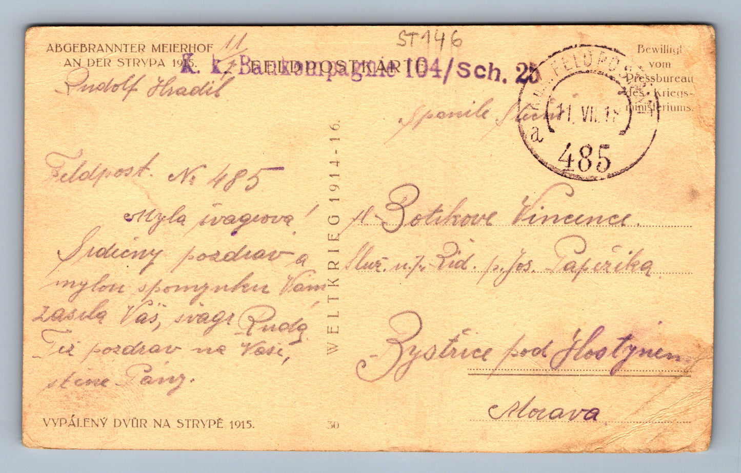 Pohlednice Ukrajina vypálený Meierhof Strypě 1915 IWW FELDPOST (ST146)