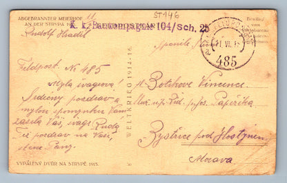 Pohlednice Ukrajina vypálený Meierhof Strypě 1915 IWW FELDPOST (ST146)