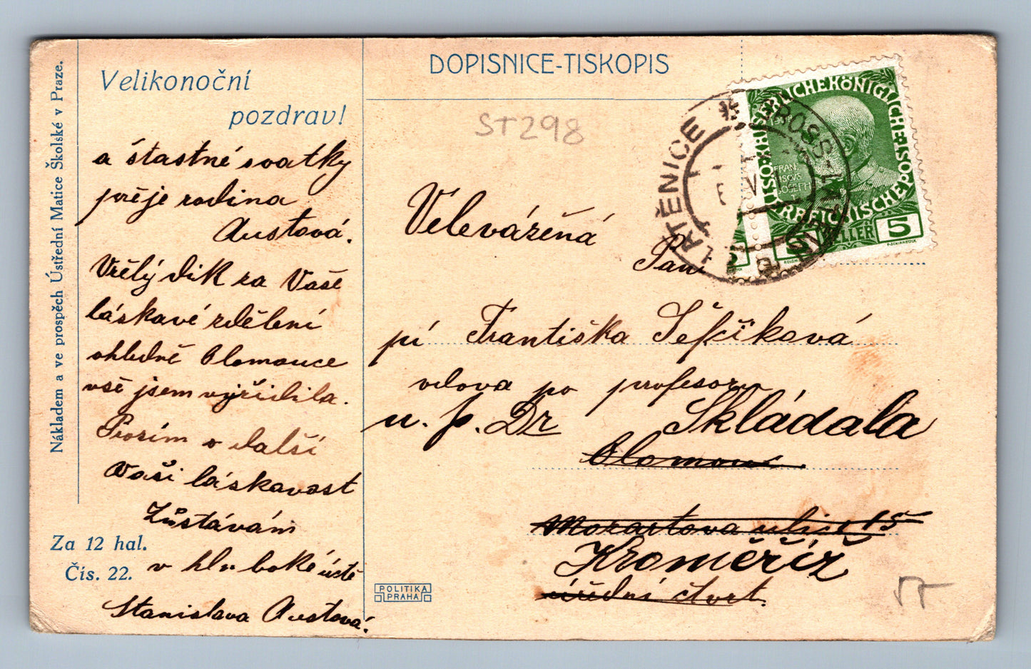 Pohlednice VELIKONOČNÍ POZDRAV (ST298)