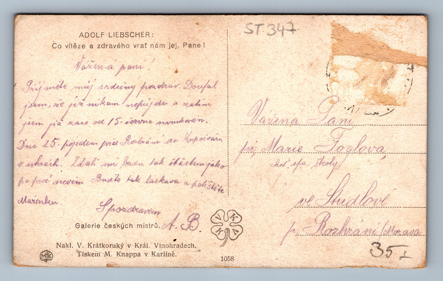 Pohlednice ADOLF LIEBSCHER CO VÍTĚZE A DRAVÉHO VRAŤ NÁM JEJ PAE(ST347)
