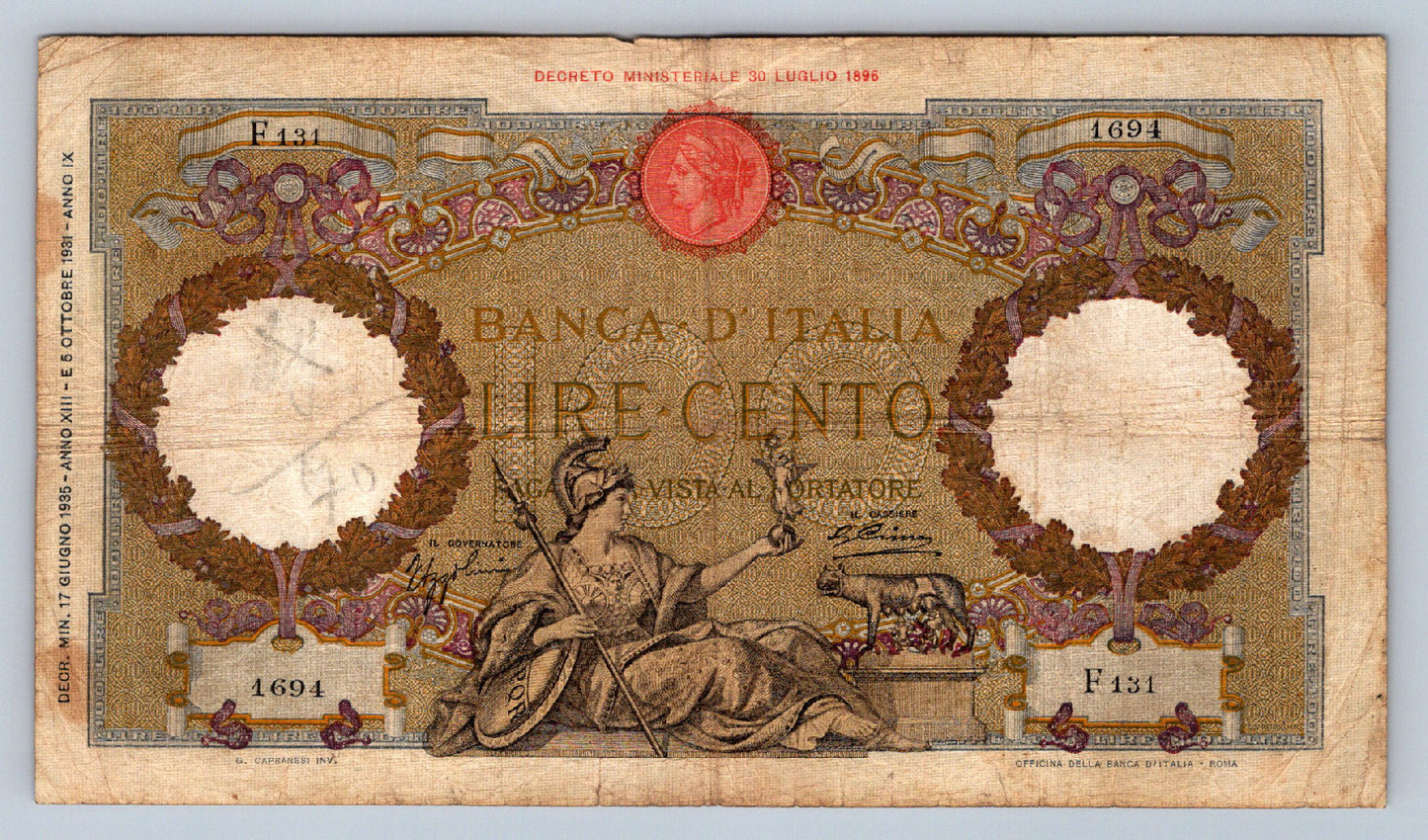 100 LIRE CENTO BANCA D'ITALIA