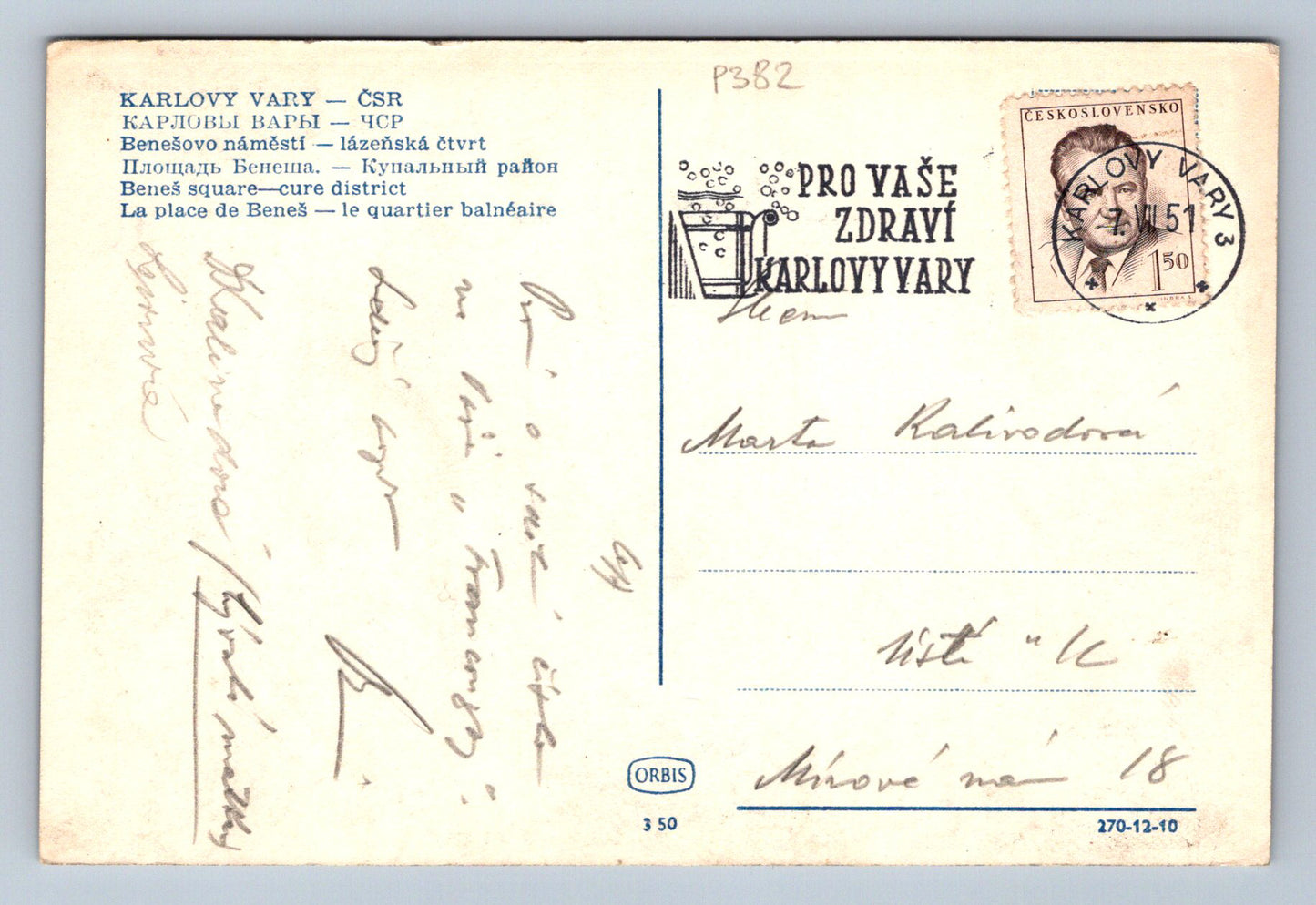 Pohlednice KARLOVY VARY - ČSR Benešovo náměstí (P382)