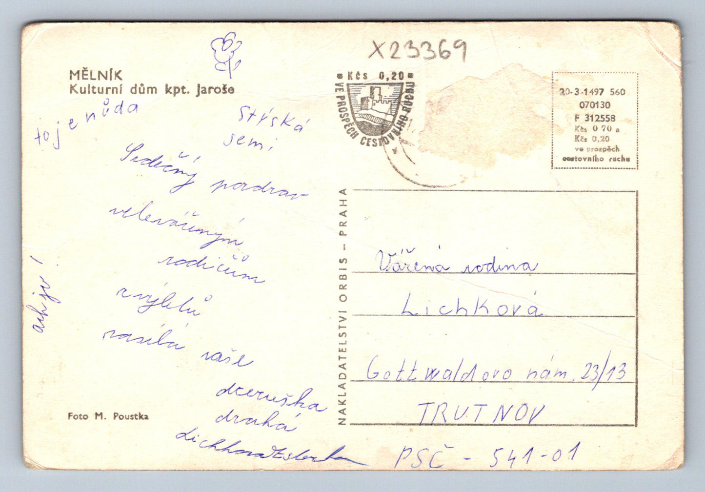 Postcard MĚLNÍK - CULTURAL HOUSE OF CAPT. JAROŠ (X23369)