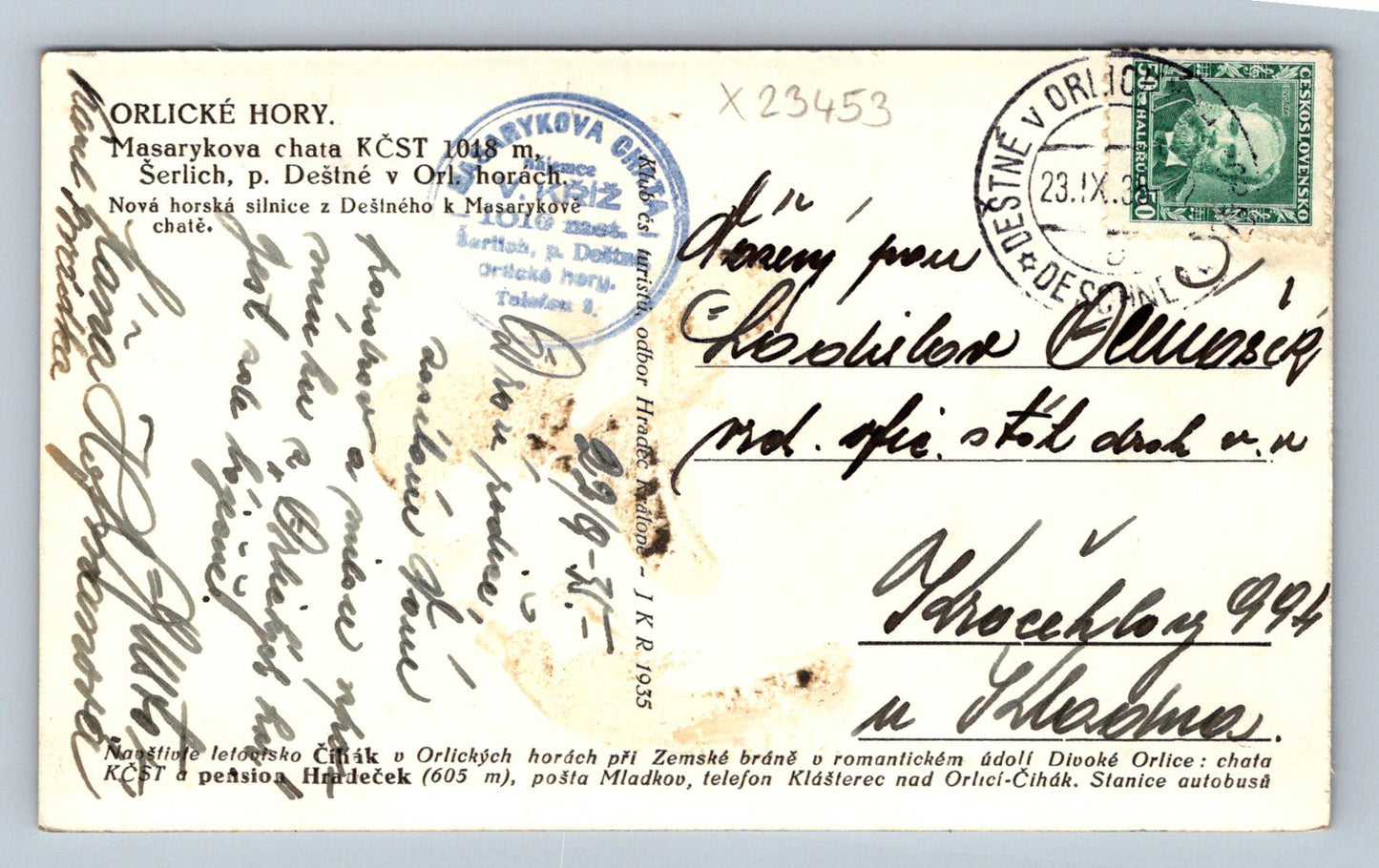 Postcard ORLICKÉ HORI - MASARYKOVA HUT 1018 M (X23453)