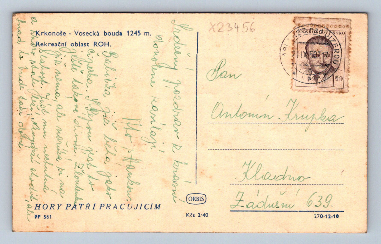 Postcard KRKONOSE - VOSECKÁ BOUDA 1245 M (X23456)