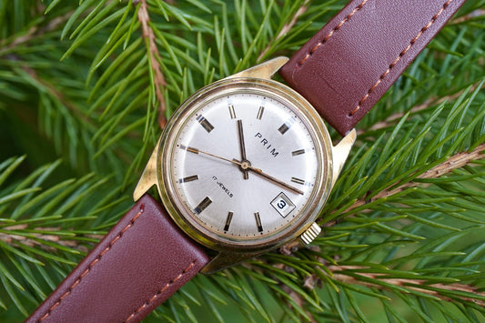 Hodinky PRIM 17 JEWELS datumovka zlaté pouzdro hnědý řemínek (SE121)