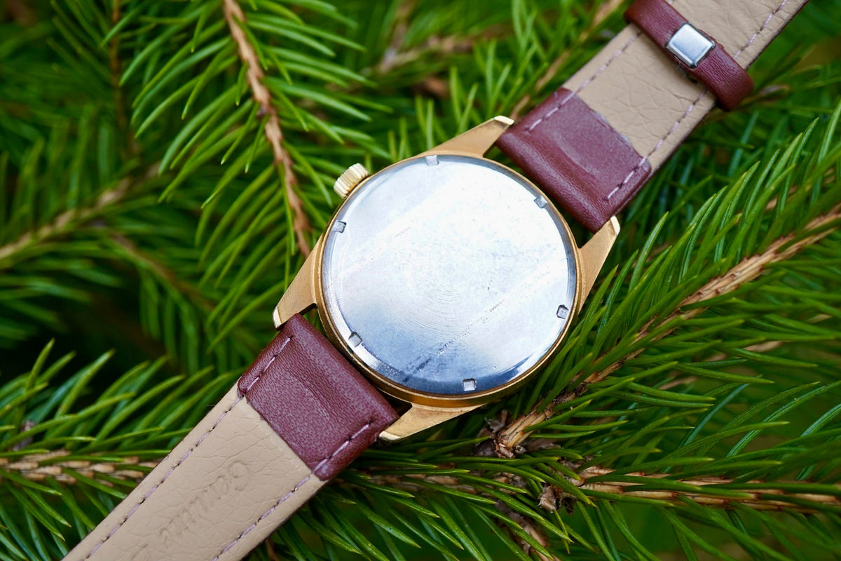Hodinky PRIM 17 JEWELS datumovka zlaté pouzdro hnědý řemínek (SE121)