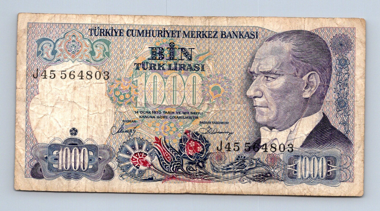 Bankovka Turecko 1000 Türk Lirasi 1970 J45 564803 (B0103)